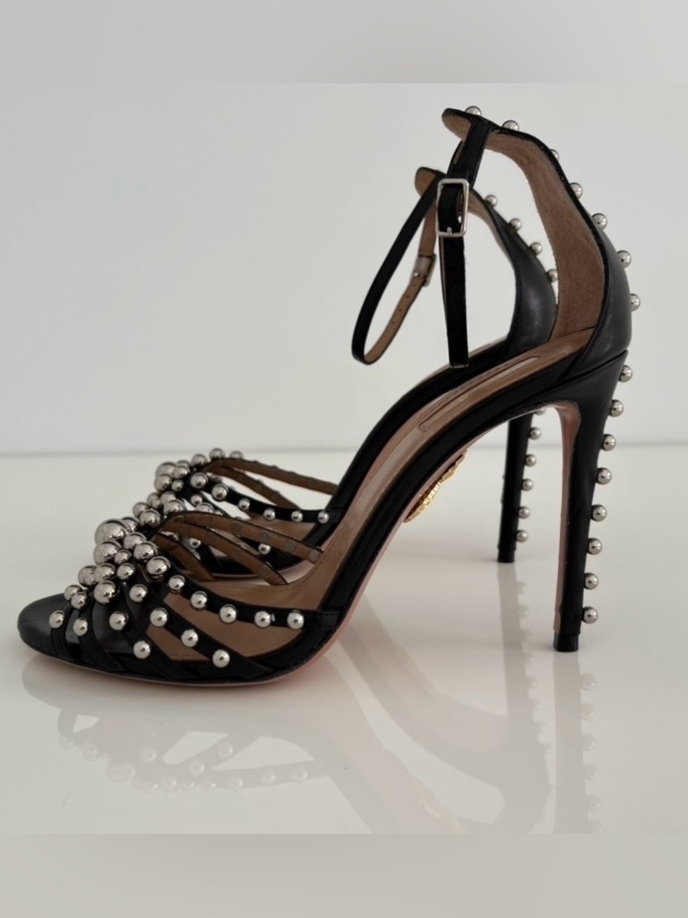 AQUAZZURA BLACK LEATHER SILVER STUDDED SANDALS SIZE IT 38 / US 8 - Picture 8 of 17